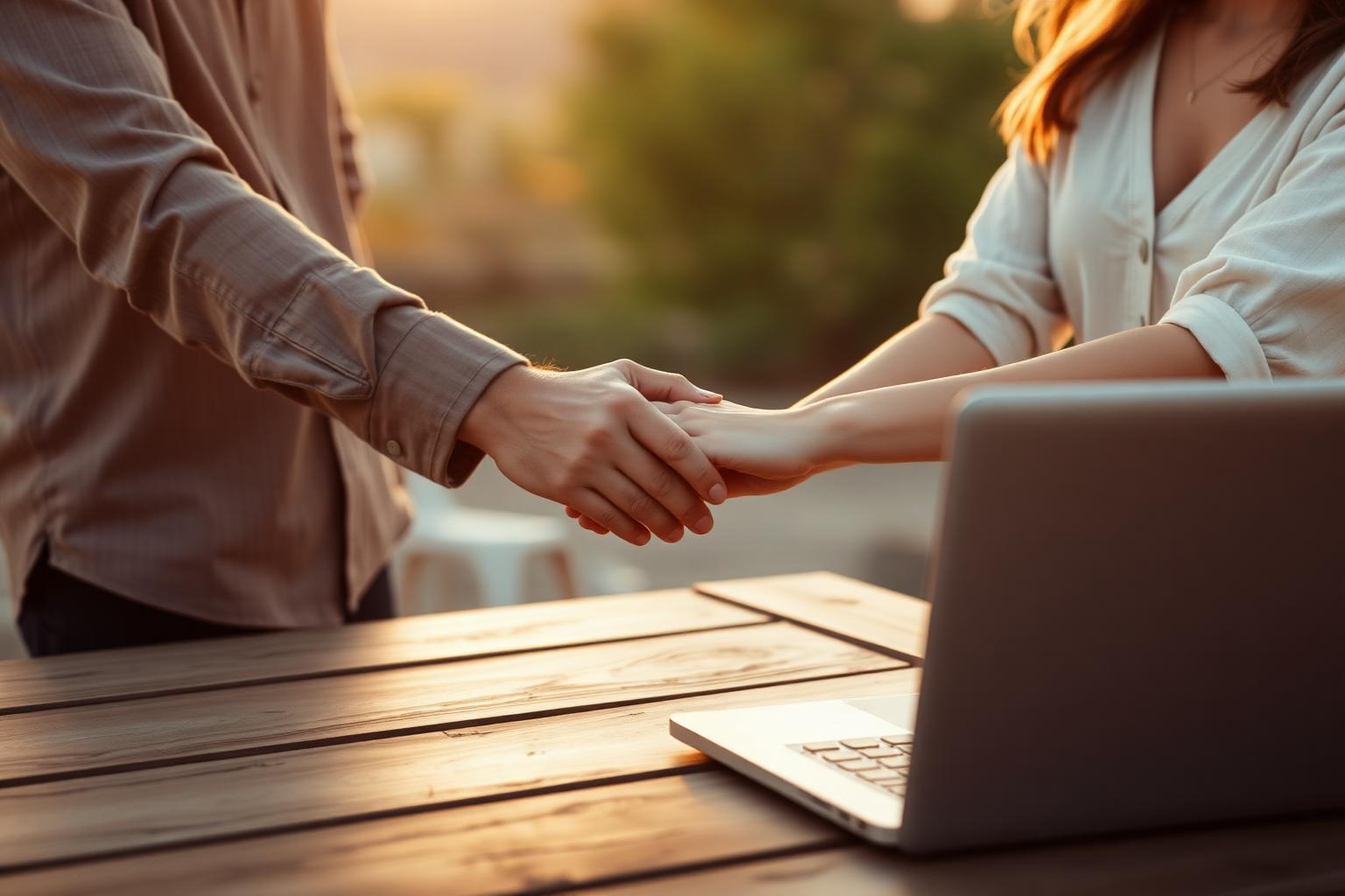 Two hands meeting across a sunlit table